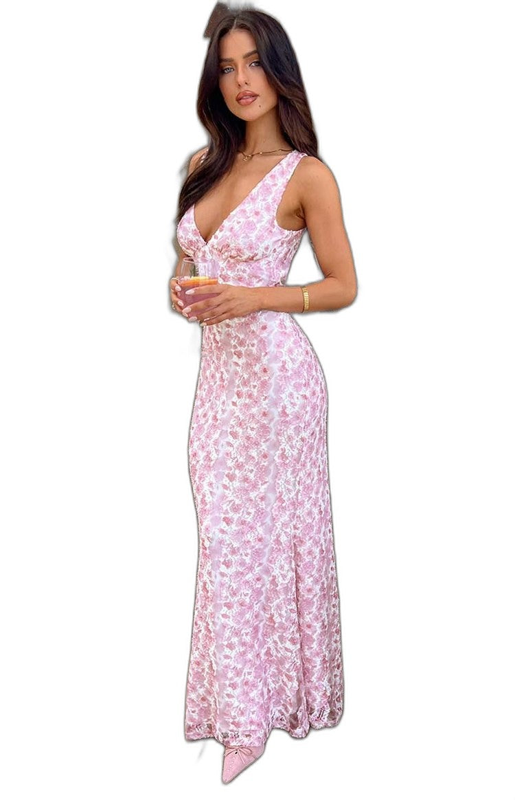 Elegant Floral Maxi Dress for Women with V Neck Sleeveless Bodycon Cocktail Style