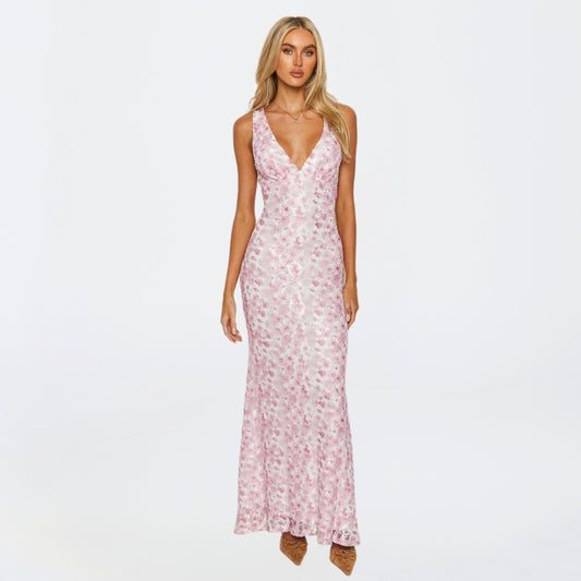Elegant Floral Maxi Dress for Women with V Neck Sleeveless Bodycon Cocktail Style
