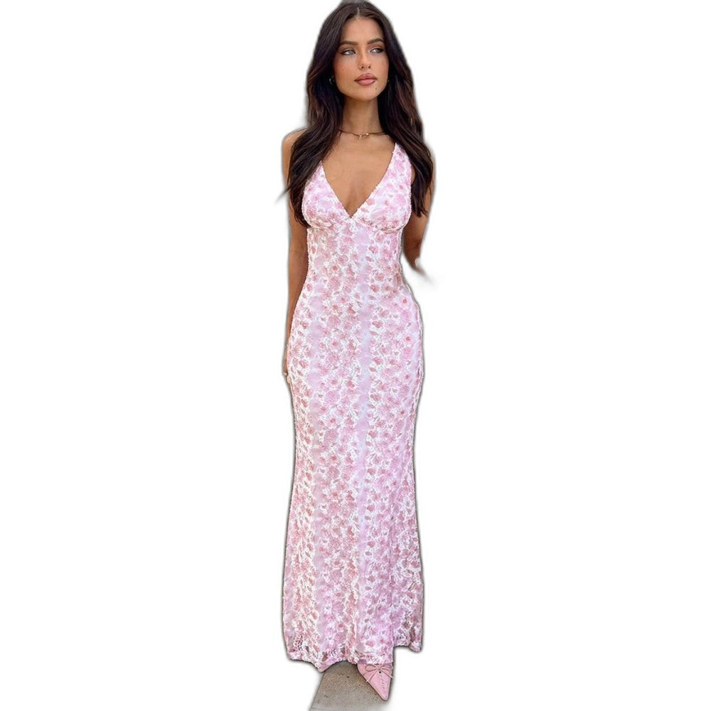 Elegant Floral Maxi Dress for Women with V Neck Sleeveless Bodycon Cocktail Style