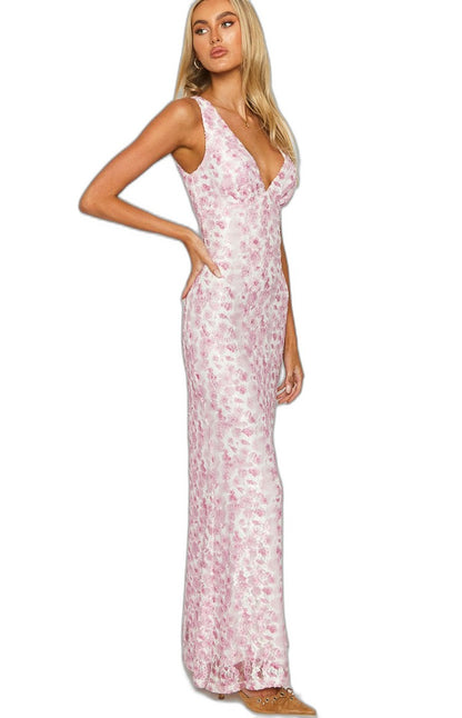 Elegant Floral Maxi Dress for Women with V Neck Sleeveless Bodycon Cocktail Style