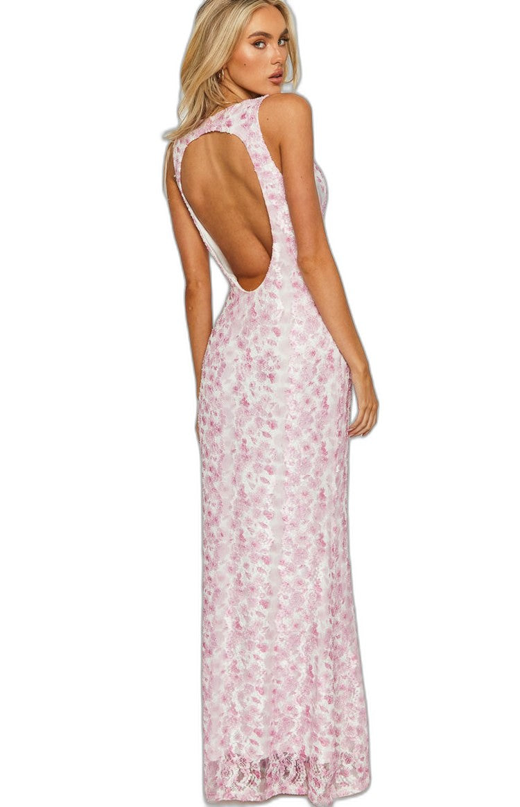 Elegant Floral Maxi Dress for Women with V Neck Sleeveless Bodycon Cocktail Style