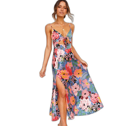 Elegant Floral Maxi Dress for Women with V Neck Sleeveless Flowing Cocktail Style