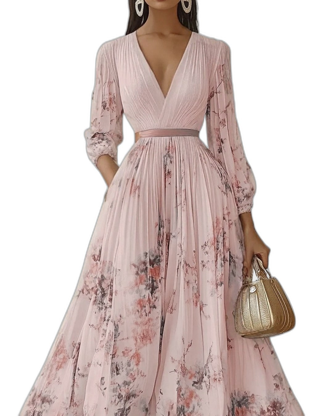 Elegant Floral Maxi Dress for Women with V Neck Sleeveless Pleated Belted Flowing Formal Wedding Guest Style