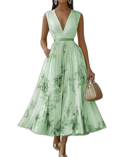 Elegant Floral Maxi Dress for Women with V Neck Sleeveless Pleated Belted Flowing Formal Wedding Guest Style