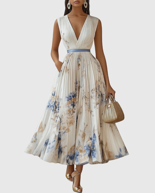 Elegant Floral Maxi Dress for Women with V Neck Sleeveless Pleated Belted Flowing Formal Wedding Guest Style