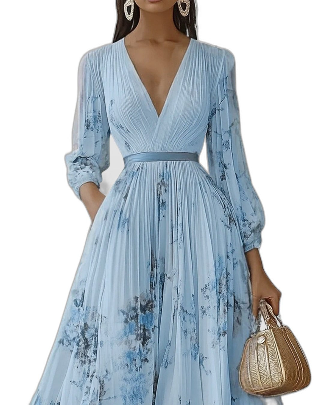 Elegant Floral Maxi Dress for Women with V Neck Sleeveless Pleated Belted Flowing Formal Wedding Guest Style