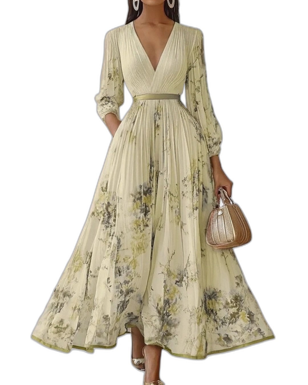 Elegant Floral Maxi Dress for Women with V Neck Sleeveless Pleated Belted Flowing Formal Wedding Guest Style