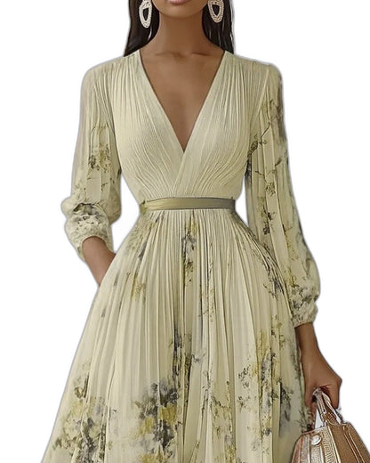 Elegant Floral Maxi Dress for Women with V Neck Sleeveless Pleated Belted Flowing Formal Wedding Guest Style