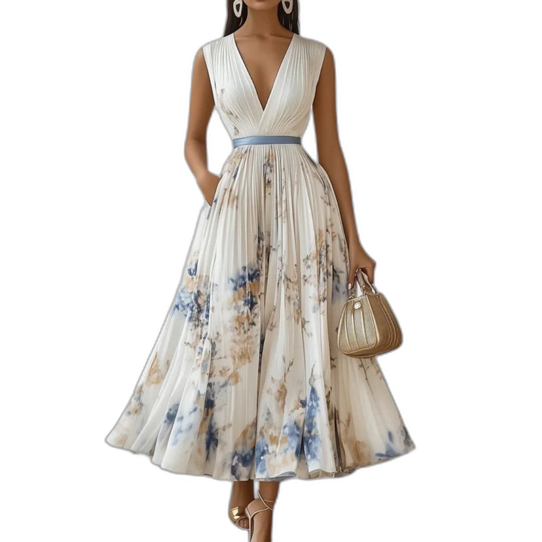 Elegant Floral Maxi Dress for Women with V Neck Sleeveless Tiered Belted Flowing Formal Wedding Guest Style