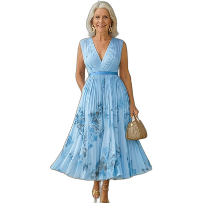 Elegant Floral Maxi Dress for Women with V Neck Sleeveless Tiered Belted Flowing Formal Wedding Guest Style