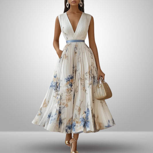 Elegant Floral Maxi Dress for Women with V Neck Sleeveless Tiered Belted Flowing Formal Wedding Guest Style