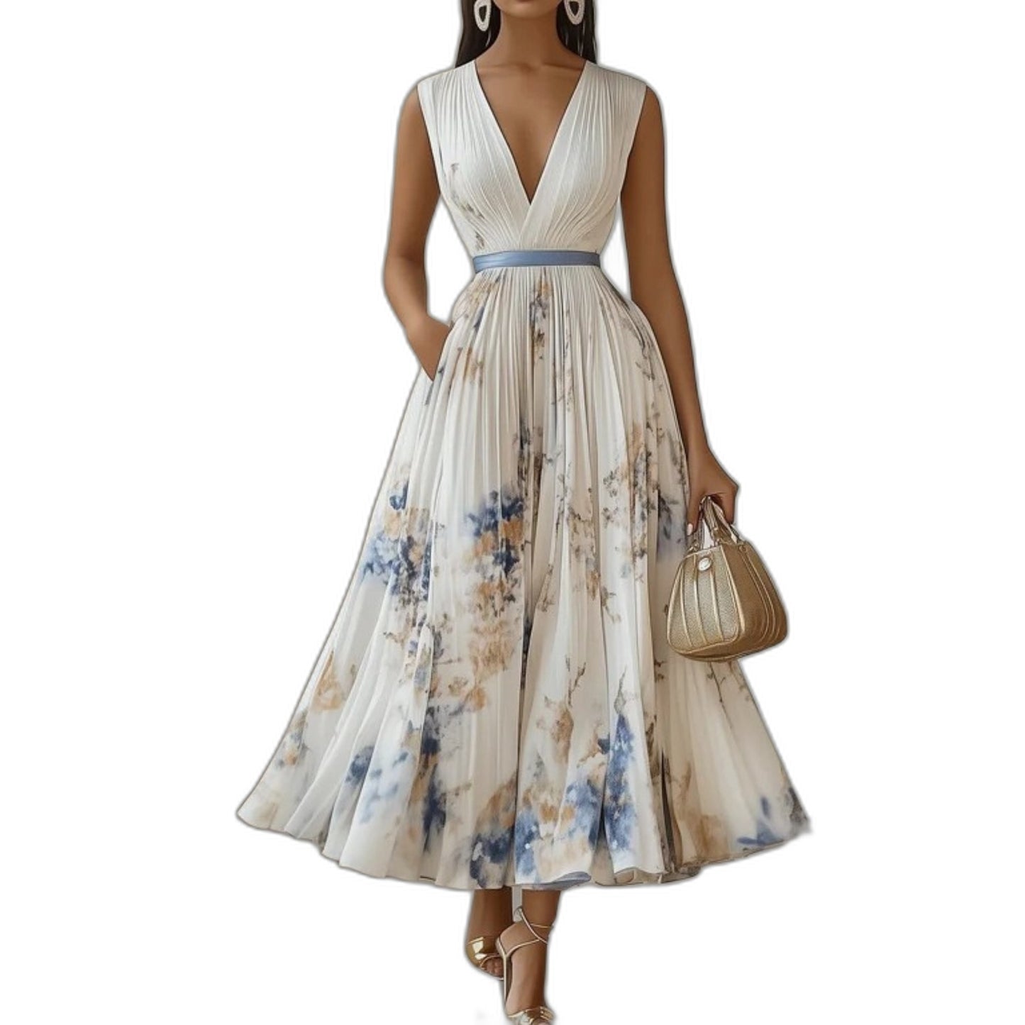 Elegant Floral Maxi Dress for Women with V Neck Sleeveless Tiered Belted Flowing Formal Wedding Guest Style
