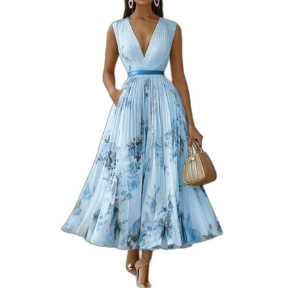 Elegant Floral Maxi Dress for Women with V Neck Sleeveless Tiered Belted Flowing Formal Wedding Guest Style
