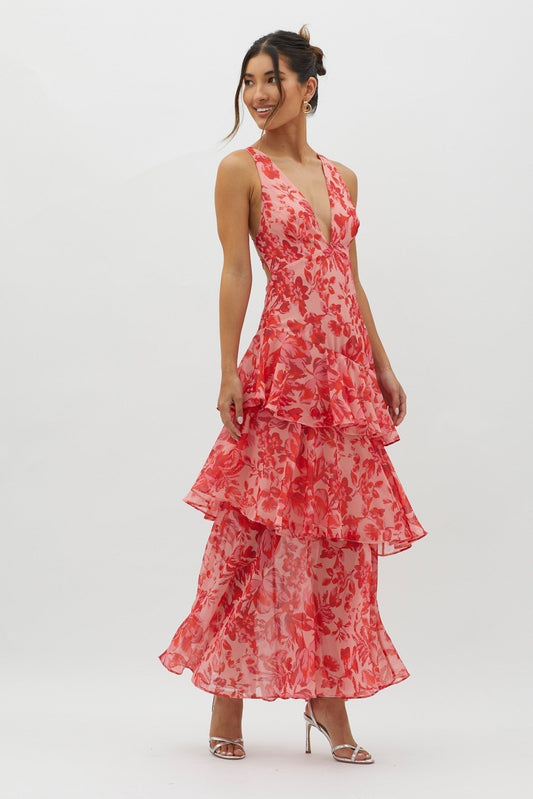 Elegant Floral Maxi Dress for Women with V Neck Sleeveless Tiered Ruffle Formal Wedding Guest Style
