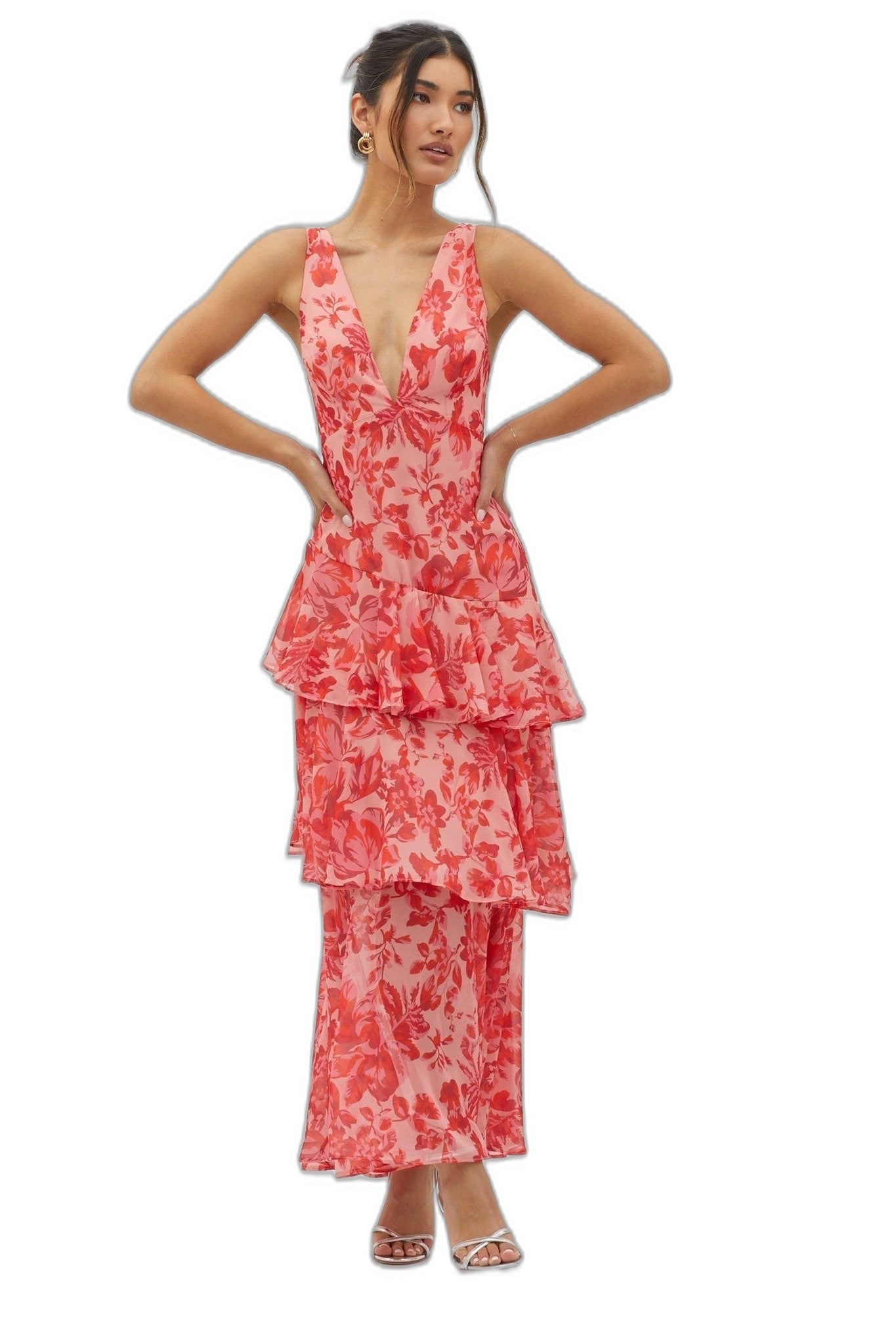 Elegant Floral Maxi Dress for Women with V Neck Sleeveless Tiered Ruffle Formal Wedding Guest Style