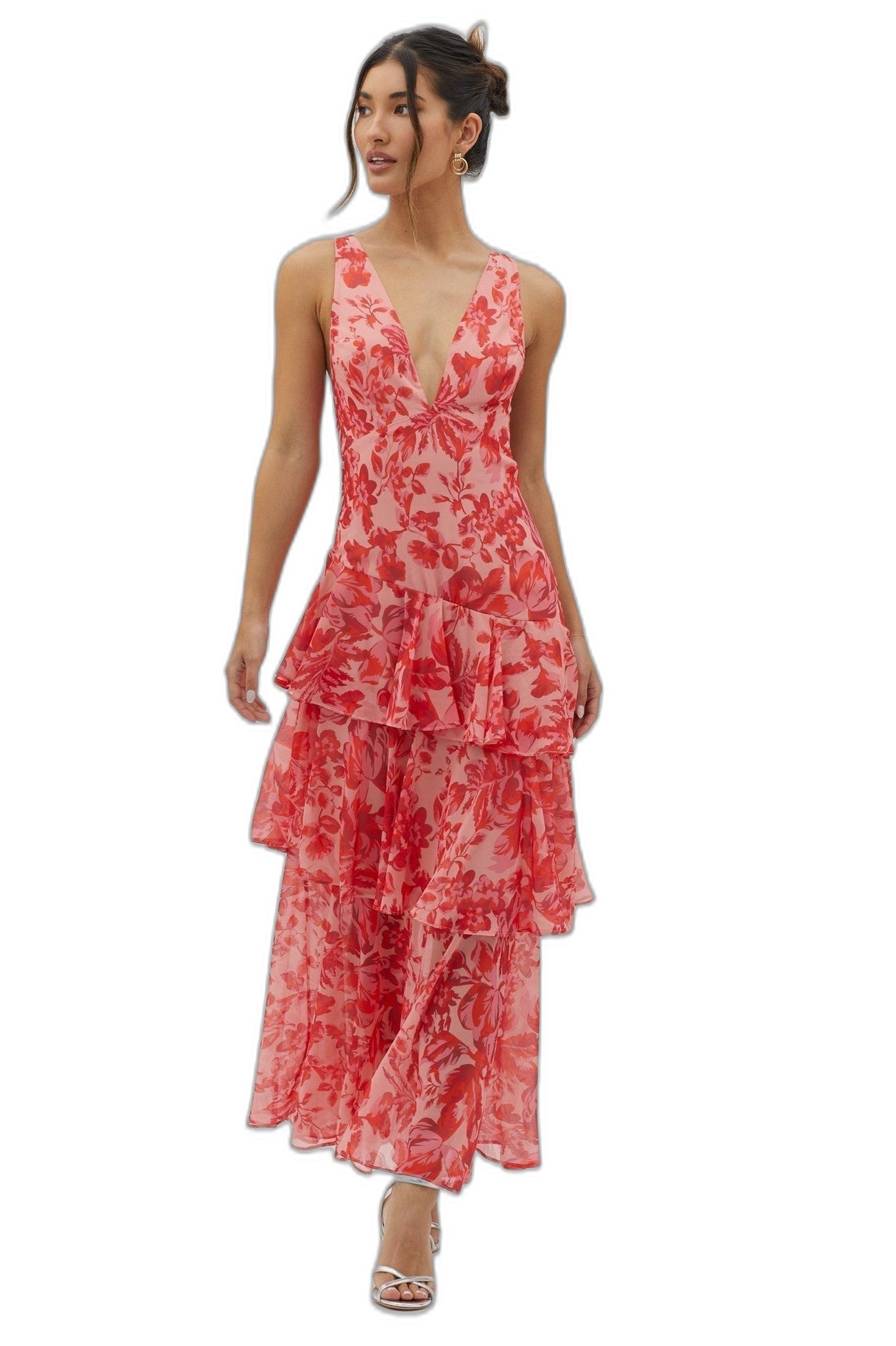 Elegant Floral Maxi Dress for Women with V Neck Sleeveless Tiered Ruffle Formal Wedding Guest Style