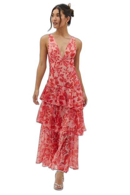 Elegant Floral Maxi Dress for Women with V Neck Sleeveless Tiered Ruffle Formal Wedding Guest Style