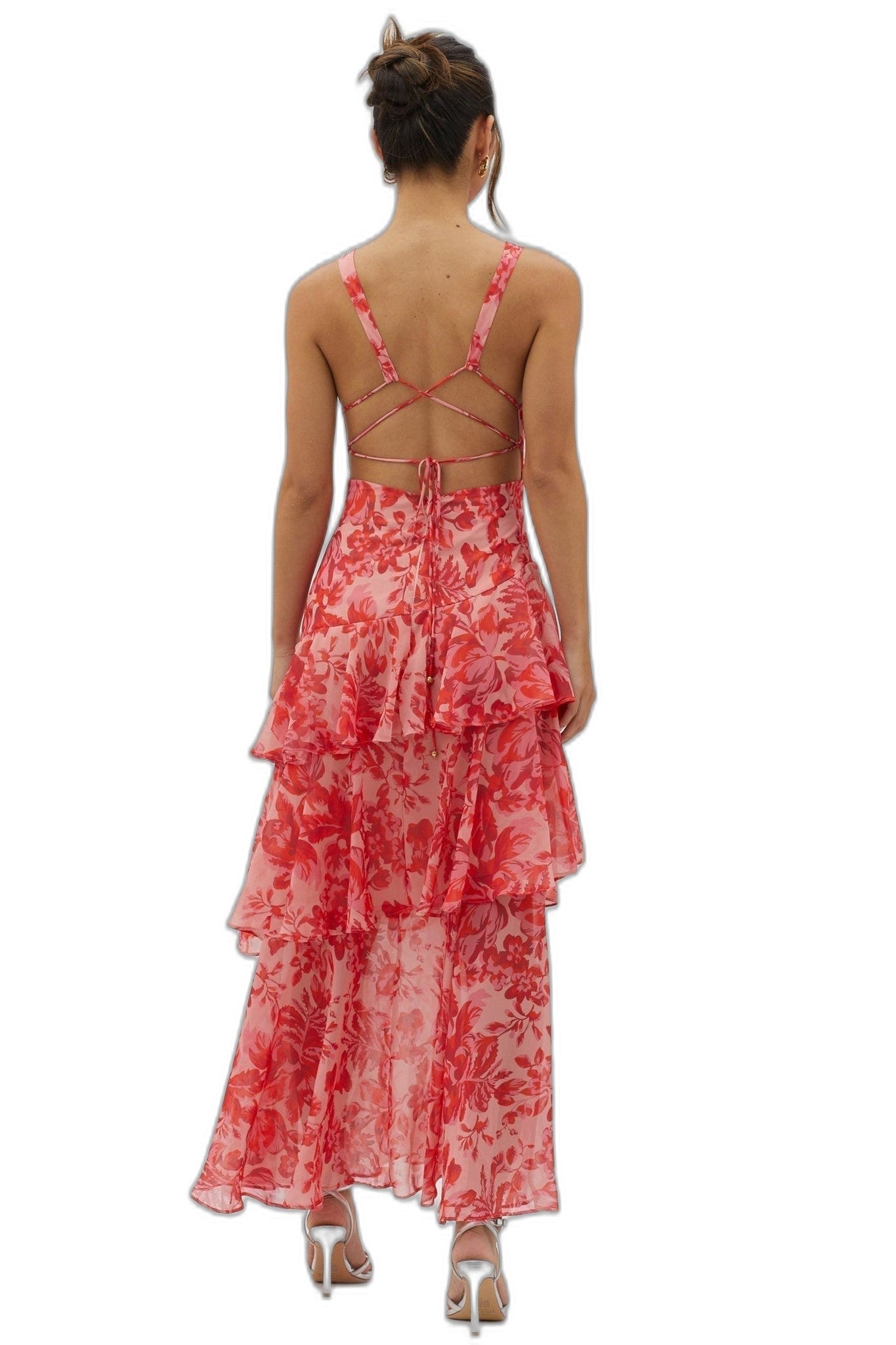 Elegant Floral Maxi Dress for Women with V Neck Sleeveless Tiered Ruffle Formal Wedding Guest Style