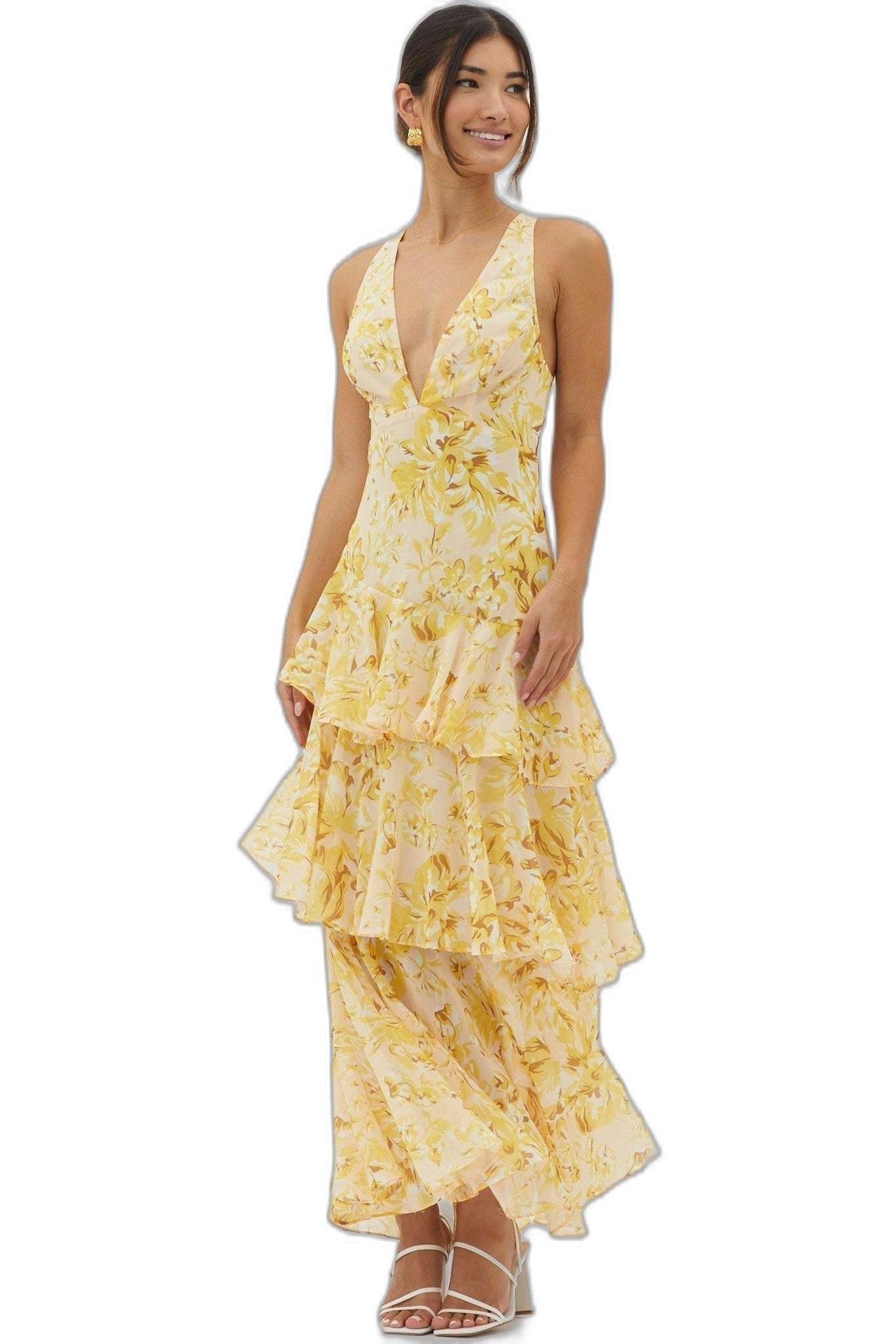 Elegant Floral Maxi Dress for Women with V Neck Sleeveless Tiered Ruffle Formal Wedding Guest Style