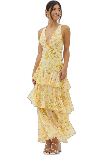 Elegant Floral Maxi Dress for Women with V Neck Sleeveless Tiered Ruffle Formal Wedding Guest Style