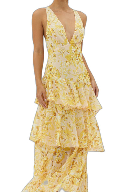 Elegant Floral Maxi Dress for Women with V Neck Sleeveless Tiered Ruffle Formal Wedding Guest Style