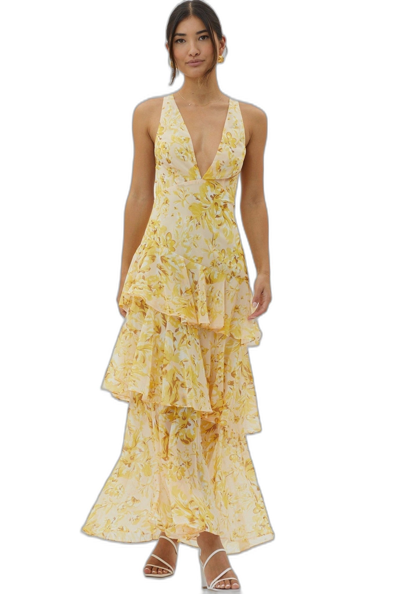 Elegant Floral Maxi Dress for Women with V Neck Sleeveless Tiered Ruffle Formal Wedding Guest Style