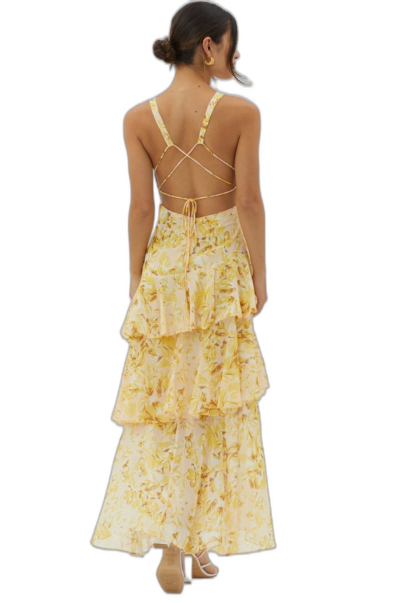 Elegant Floral Maxi Dress for Women with V Neck Sleeveless Tiered Ruffle Formal Wedding Guest Style