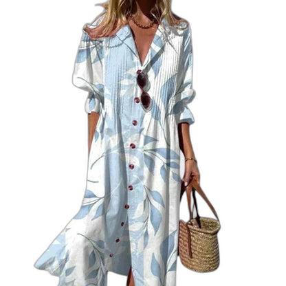 Elegant Floral Midi Dress for Women with Collared Elbow Sleeve Button Front Flowing Vacation Style