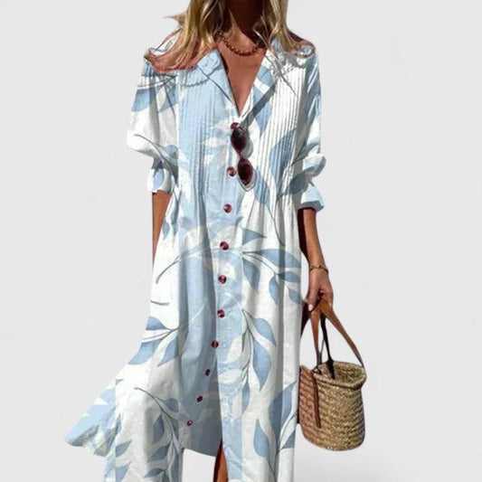 Elegant Floral Midi Dress for Women with Collared Elbow Sleeve Button Front Flowing Vacation Style