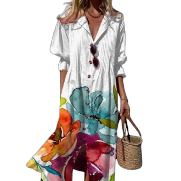 Elegant Floral Midi Dress for Women with Collared Elbow Sleeve Button Front Flowing Vacation Style