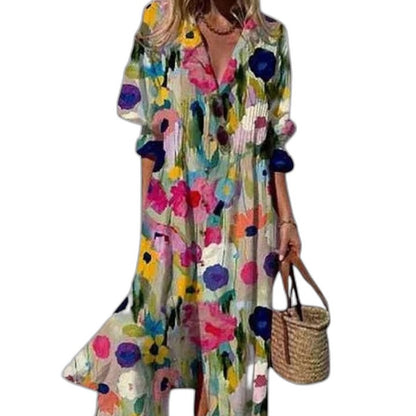 Elegant Floral Midi Dress for Women with Collared Elbow Sleeve Button Front Flowing Vacation Style