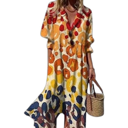 Elegant Floral Midi Dress for Women with Collared Elbow Sleeve Button Front Flowing Vacation Style