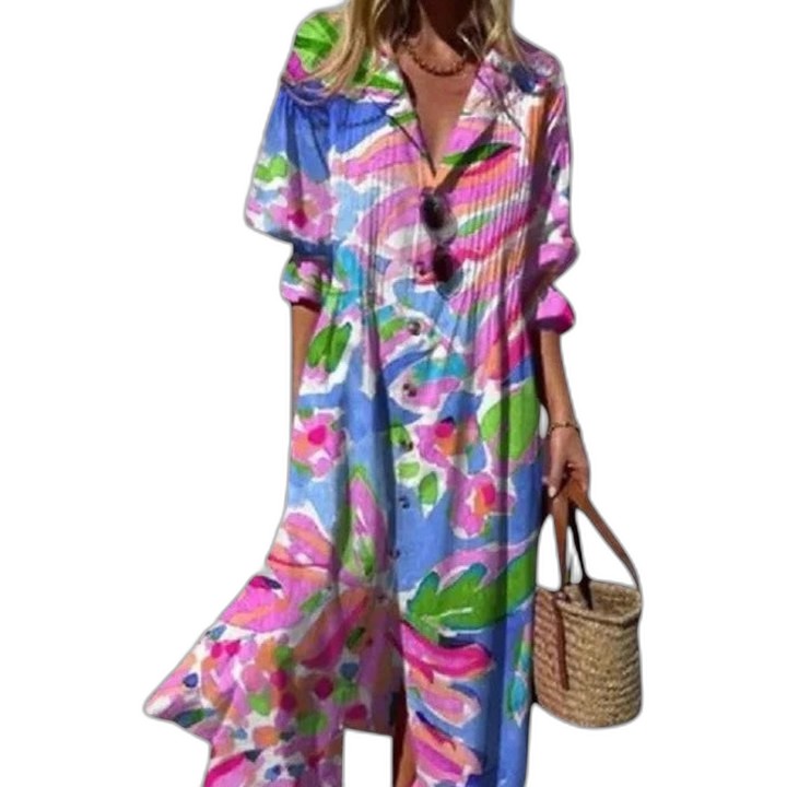 Elegant Floral Midi Dress for Women with Collared Elbow Sleeve Button Front Flowing Vacation Style