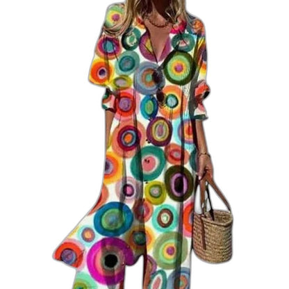 Elegant Floral Midi Dress for Women with Collared Elbow Sleeve Button Front Flowing Vacation Style
