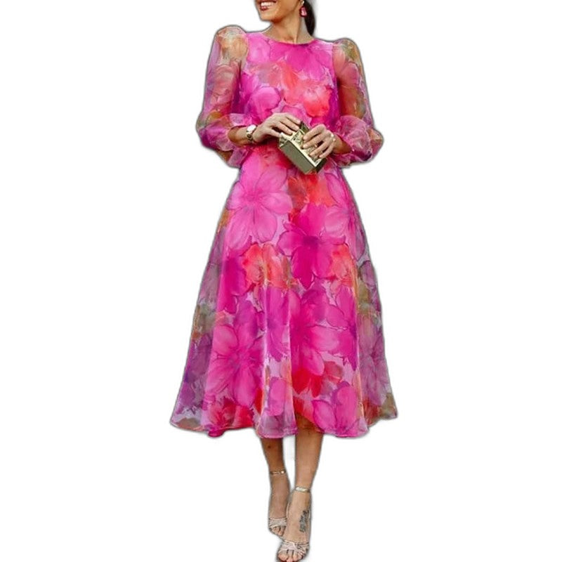 Elegant Floral Midi Dress for Women with Crew Neck Long Sleeve Flowing Fit And Flare Formal Wedding Guest Style