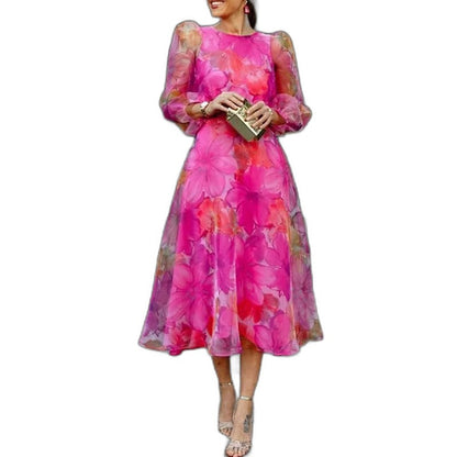 Elegant Floral Midi Dress for Women with Crew Neck Long Sleeve Flowing Fit And Flare Formal Wedding Guest Style
