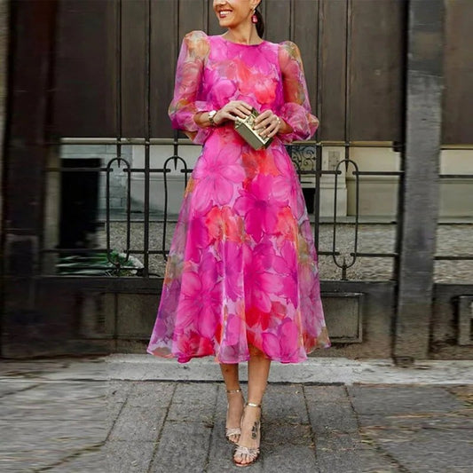Elegant Floral Midi Dress for Women with Crew Neck Long Sleeve Flowing Fit And Flare Formal Wedding Guest Style