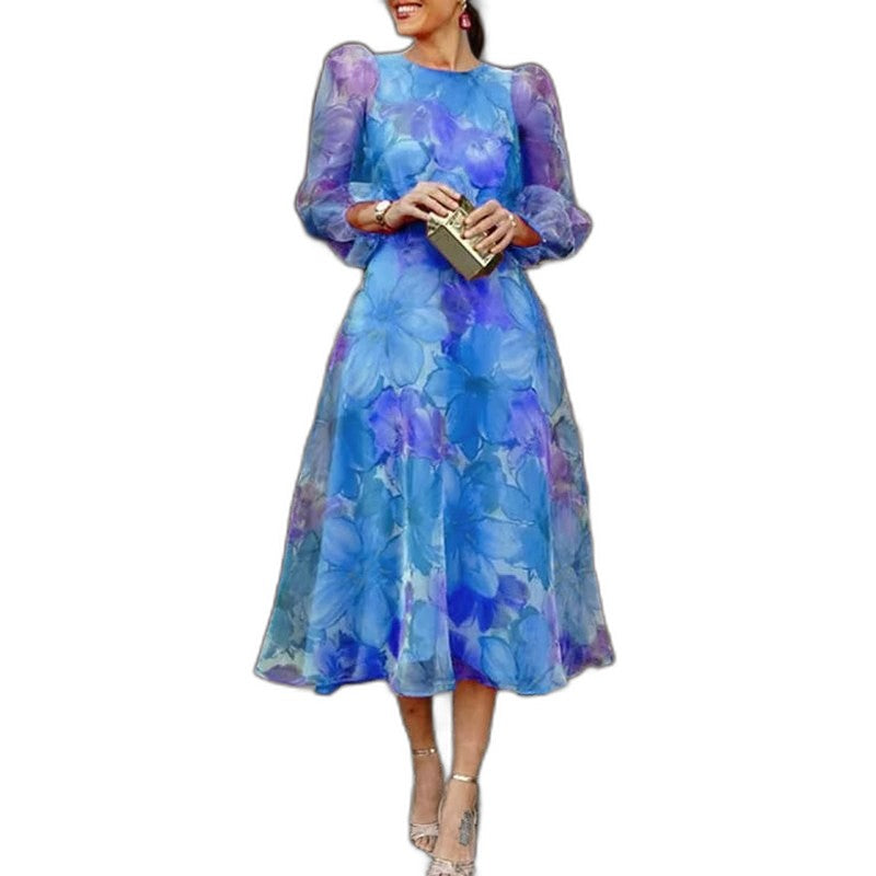 Elegant Floral Midi Dress for Women with Crew Neck Long Sleeve Flowing Fit And Flare Formal Wedding Guest Style