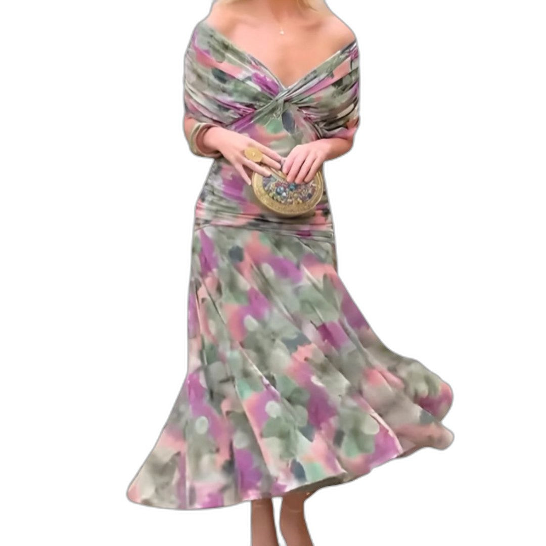Elegant Floral Midi Dress for Women with Off Shoulder Long Sleeve Bodycon Wrap Cocktail Style