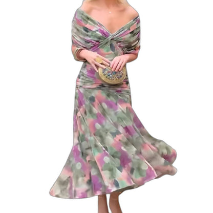 Elegant Floral Midi Dress for Women with Off Shoulder Long Sleeve Bodycon Wrap Cocktail Style