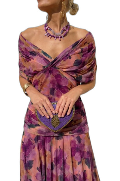 Elegant Floral Midi Dress for Women with Off Shoulder Long Sleeve Bodycon Wrap Cocktail Style