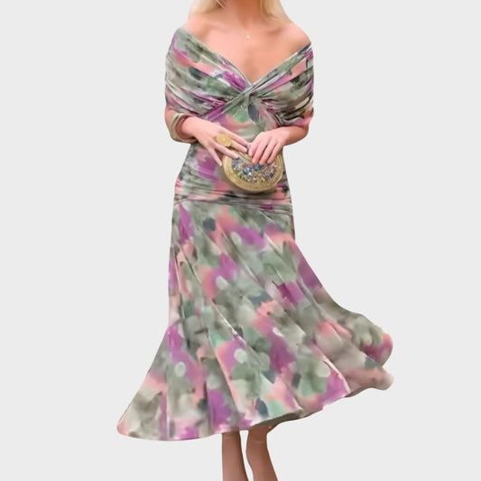 Elegant Floral Midi Dress for Women with Off Shoulder Long Sleeve Bodycon Wrap Cocktail Style