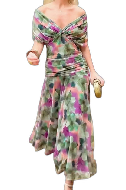 Elegant Floral Midi Dress for Women with Off Shoulder Long Sleeve Bodycon Wrap Cocktail Style