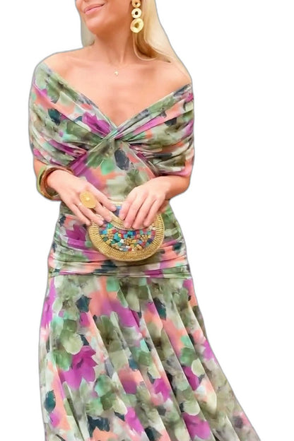 Elegant Floral Midi Dress for Women with Off Shoulder Long Sleeve Bodycon Wrap Cocktail Style