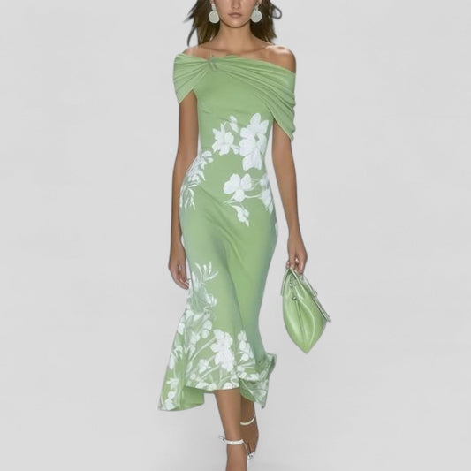 Elegant Floral Midi Dress for Women with Off Shoulder Short Sleeve Bodycon Cocktail Style