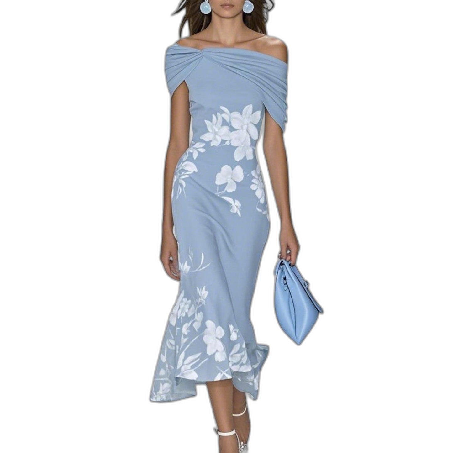 Elegant Floral Midi Dress for Women with Off Shoulder Short Sleeve Bodycon Cocktail Style