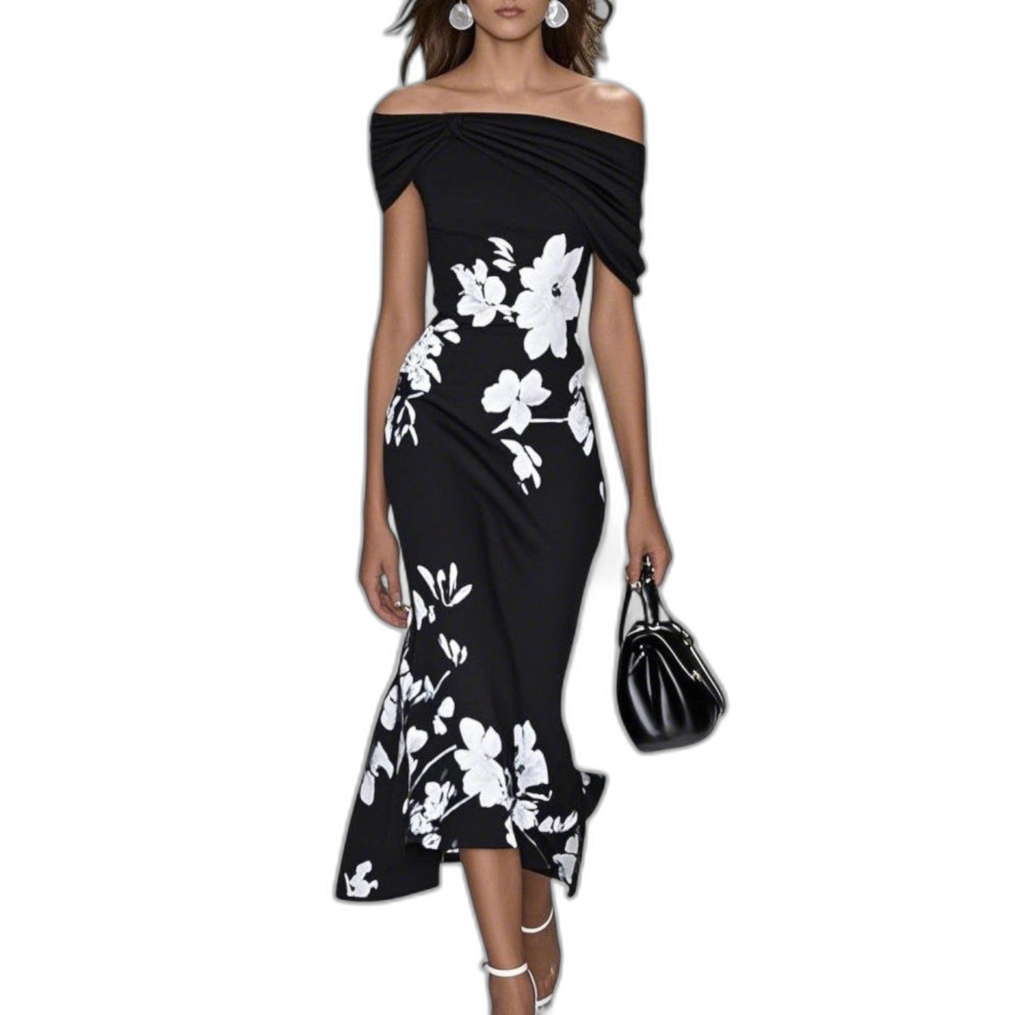 Elegant Floral Midi Dress for Women with Off Shoulder Short Sleeve Bodycon Cocktail Style