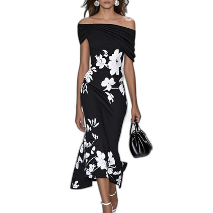 Elegant Floral Midi Dress for Women with Off Shoulder Short Sleeve Bodycon Cocktail Style