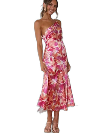 Elegant Floral Midi Dress for Women with One Shoulder Sleeveless Wrap Asymmetric Cocktail Style