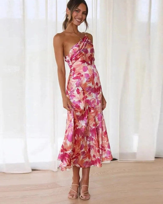 Elegant Floral Midi Dress for Women with One Shoulder Sleeveless Wrap Asymmetric Cocktail Style